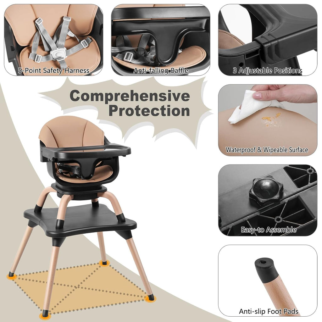 Baby High Chair, 7 in 1 Convertible High Chairs for Babies and Toddlers, Kids Learning Table, Building Block Table, Toddler Dining Chair with 360° Rotating Seat, 5-Point Safety Harness (Black)