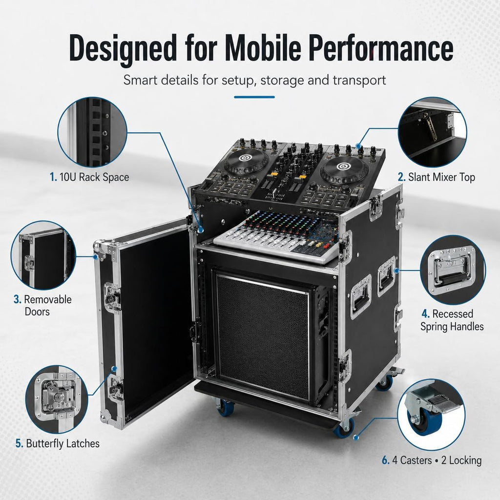 10U PA DJ Pro Audio Rack Road Case with Slant Mixer Top and Casters, DJ Mixer Rack, Pro Tour Grade