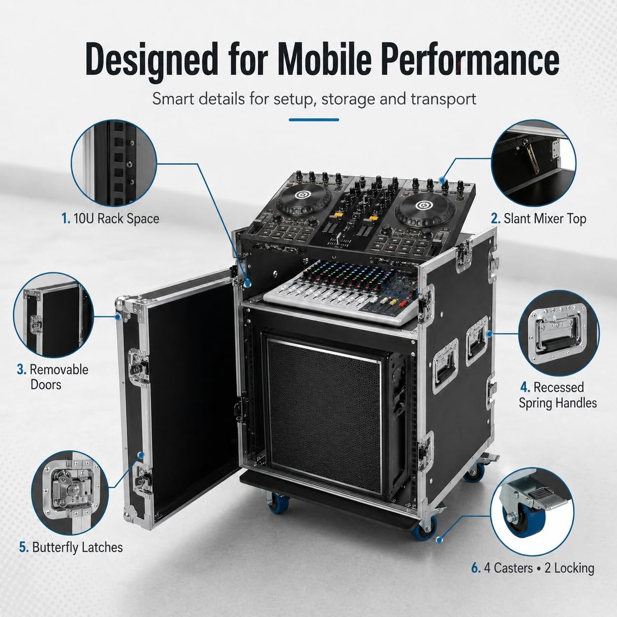 10U PA DJ Pro Audio Rack Road Case with Slant Mixer Top and Casters, DJ Mixer Rack, Pro Tour Grade