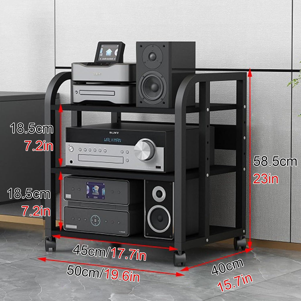 WDJBPSH Rolling Audio Equipment Storage Cart, Heavy Duty Media Rack with Height Adjustable Wooden Shelf, Office Bedroom Living Room Av Stereo Rack, Space-Saving (Size : 3 Tier-H58.5cm/23in)