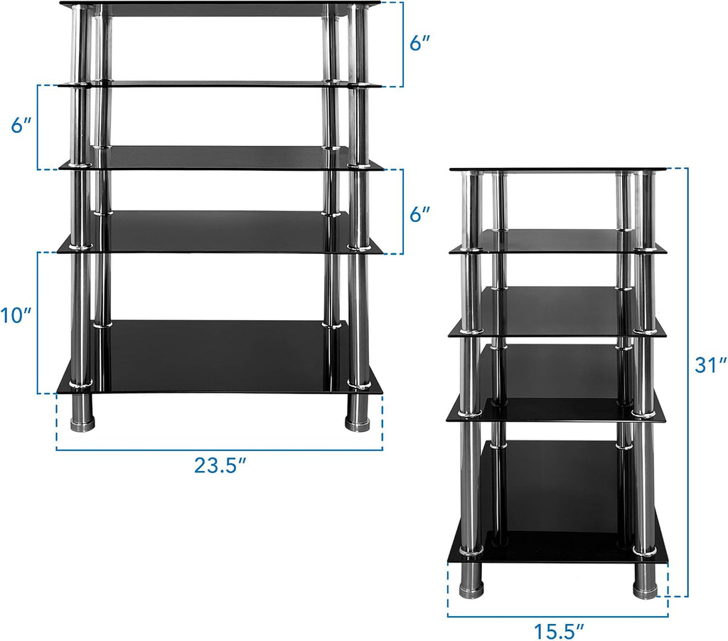Mount-It! Tempered Glass AV Component Media Stand, Audio Tower and Media Center with 5 Shelves, 220 Lbs Total Capacity, Black Shelves Chrome Legs (MI-8671)