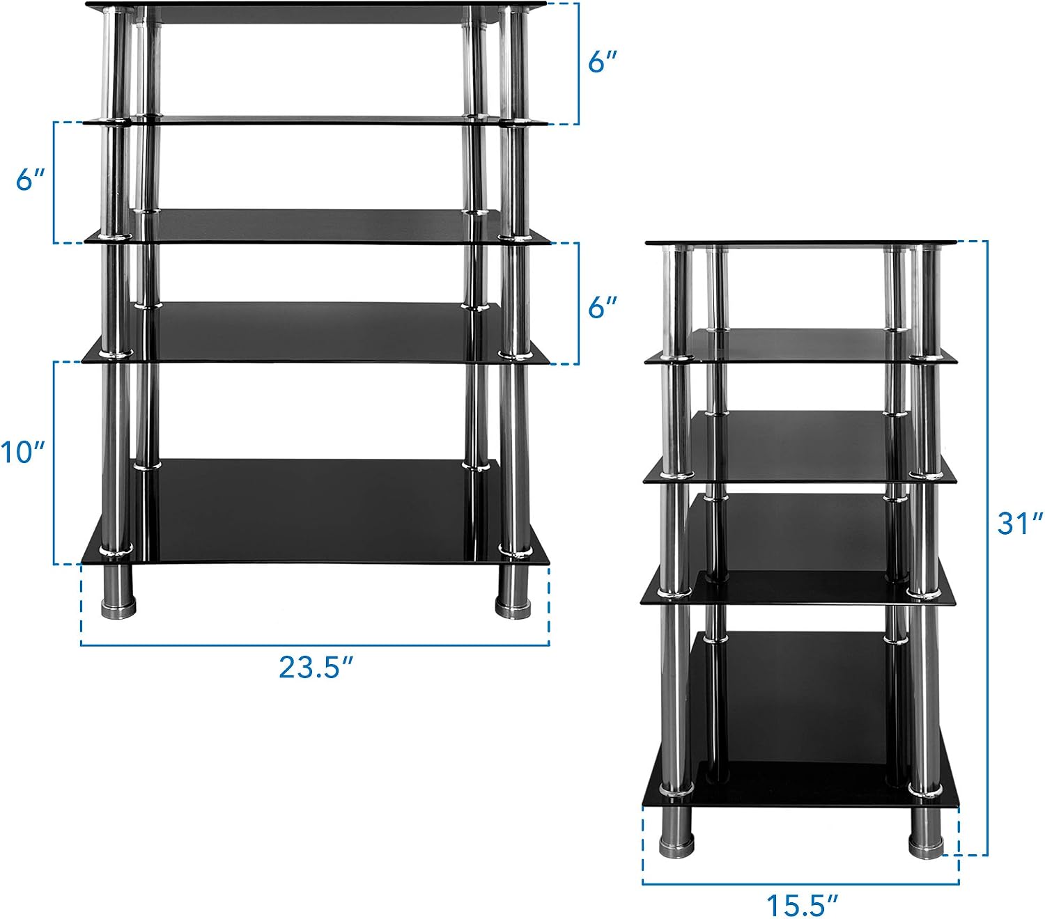 Mount-It! Tempered Glass AV Component Media Stand, Audio Tower and Media Center with 5 Shelves, 220 Lbs Total Capacity, Black Shelves Chrome Legs (MI-8671)