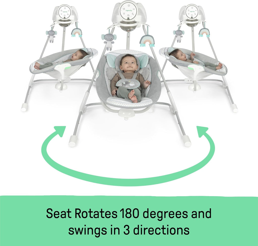 Ingenuity InLighten 5-Speed Baby Swing - Swivel Infant Seat, 5 Point Safety Harness, Nature Sounds, Lights - Van Elephant