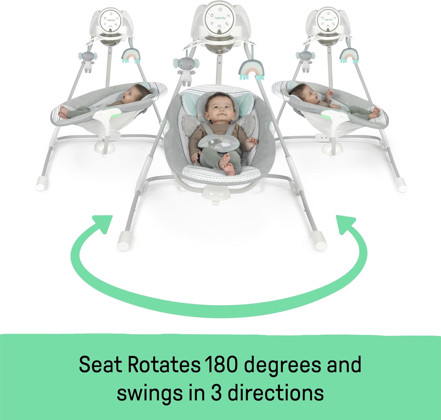 Ingenuity InLighten 5-Speed Baby Swing - Swivel Infant Seat, 5 Point Safety Harness, Nature Sounds, Lights - Van Elephant