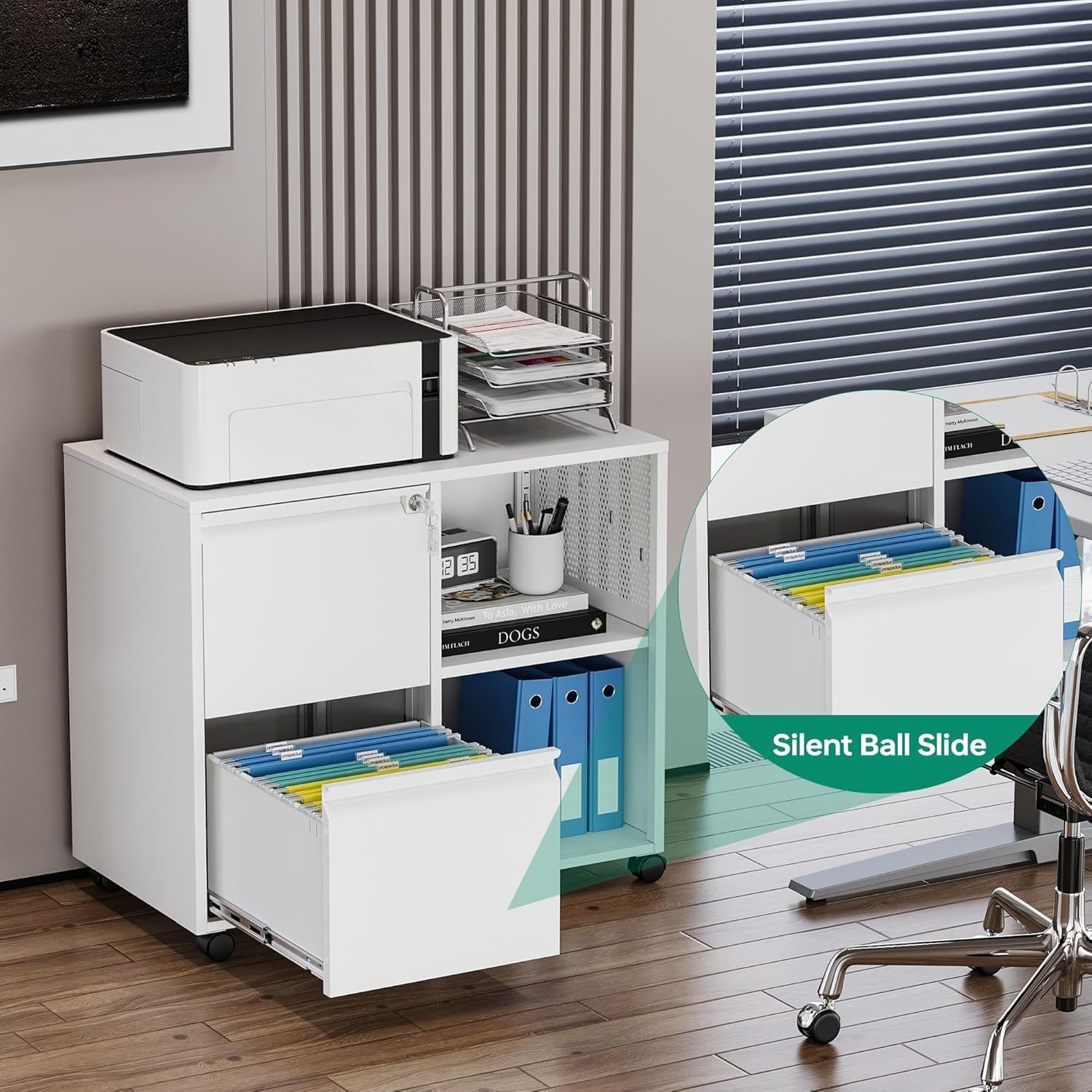 Letaya Mobile File Cabinet, Metal Lateral Rolling Printer Stand Filing Cabinets with Shelves for Home Office-Storage A4/F4/Letter (White)