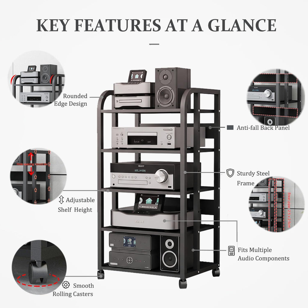 5-Tier Stereo Cabinet, Rolling AV Media Stand with Wheels, Adjustable CD Record Player Console Shelf Audio Component Rack for Home Theater, Studio, Gaming & Living Room, Black