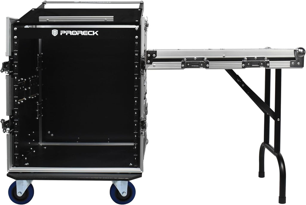 PRORECK 12U Rack/Road Case With Slant Mixer Top, One Side Table And Casters, 20'' Rackable Depth, Plywood, 12U Installation Size, Pro Stage Performance.