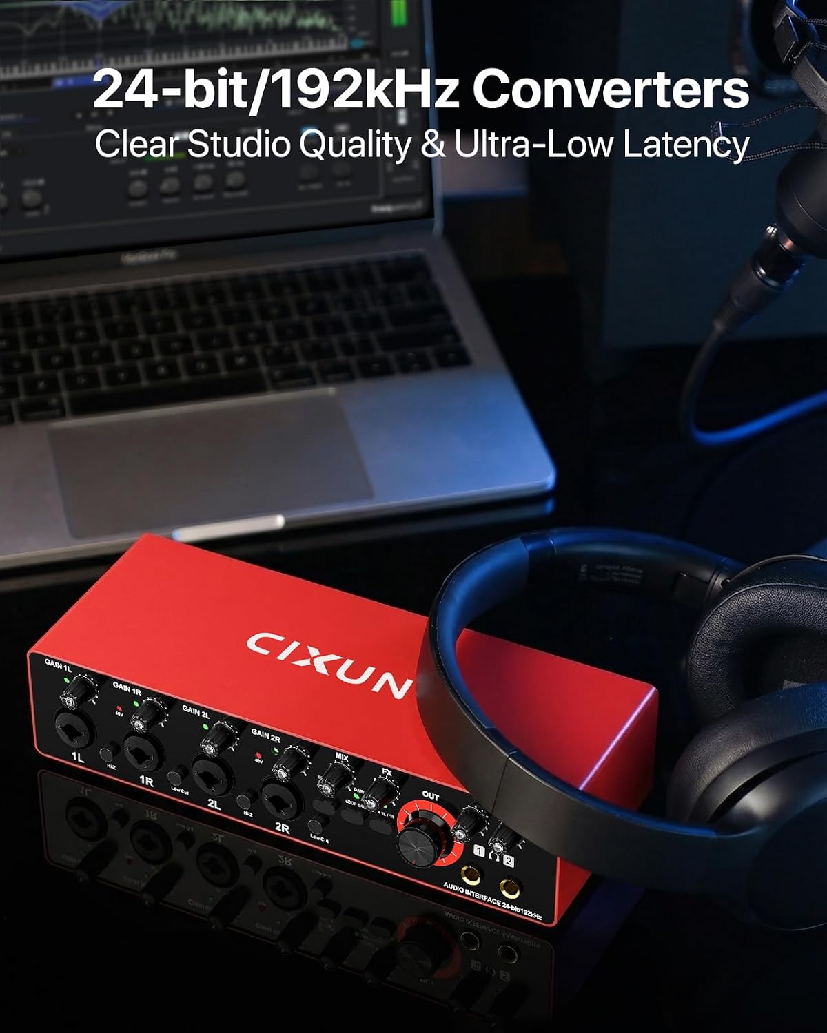4x4 USB-C Audio Interface for PC & Mac - 24-bit/192kHz Studio Recording, 4 Combo Inputs (XLR/TRS), 4 TRS Outputs, 48V Phantom Power, FX Effects for Podcast/Streaming (Matte Red)