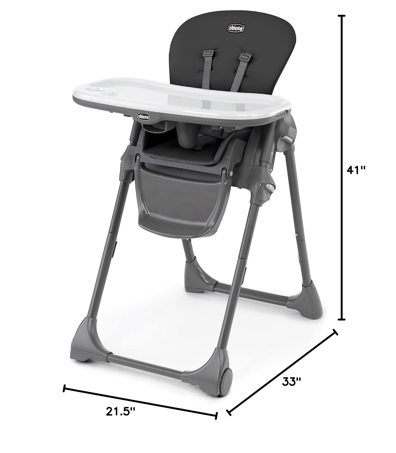 Chicco Polly Space-Saving Foldable High Chair with Easy-Clean Seat Pad, High Chair for Babies and Toddlers with Multi-Position Recline and Height Adjustment, for Children up to 40 lbs., Black/Black