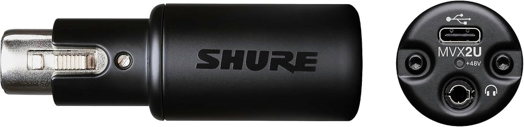 Shure MVX2U XLR-to-USB Digital Audio Interface, Headphone Jack, 60dB Gain, Zero-Latency Monitoring, 48V Phantom Power, ShurePlus App, USB-C Cable
