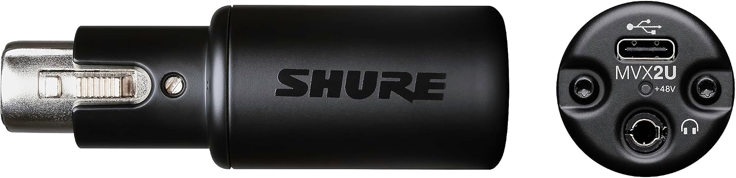Shure MVX2U XLR-to-USB Digital Audio Interface, Headphone Jack, 60dB Gain, Zero-Latency Monitoring, 48V Phantom Power, ShurePlus App, USB-C Cable