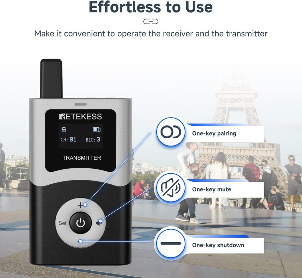 Retekess T130U(4nd Gen T130) Wireless Tour Guide System, Church Translation System, U-Band, 200M, 40H, One-Key Operation with Charging Kit, Tour Guide Headsets for Travel(1Transmitter 15 Receivers)