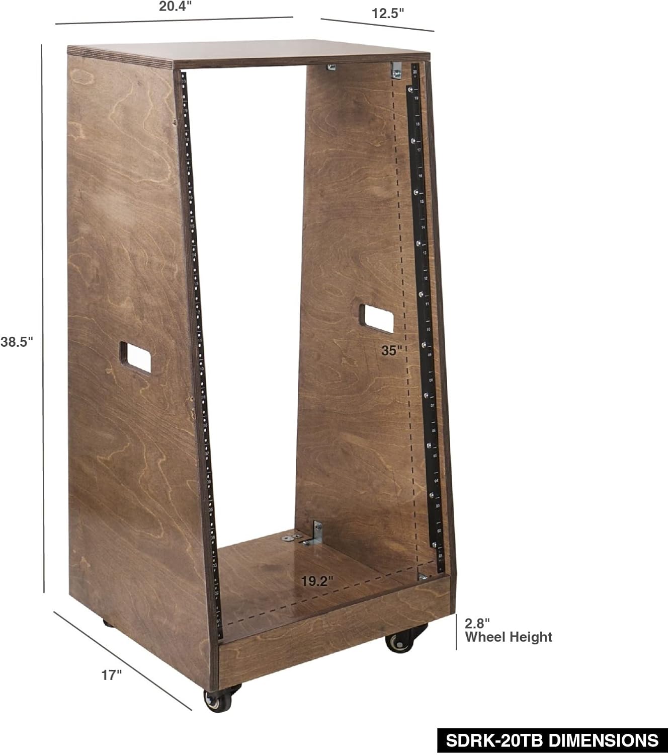 Sound Town DIY Solid Baltic Birch Plywood Slanted 20U Studio Rack, Weathered Brown, with Rubber Feet, Casters (SDRK-20TB)