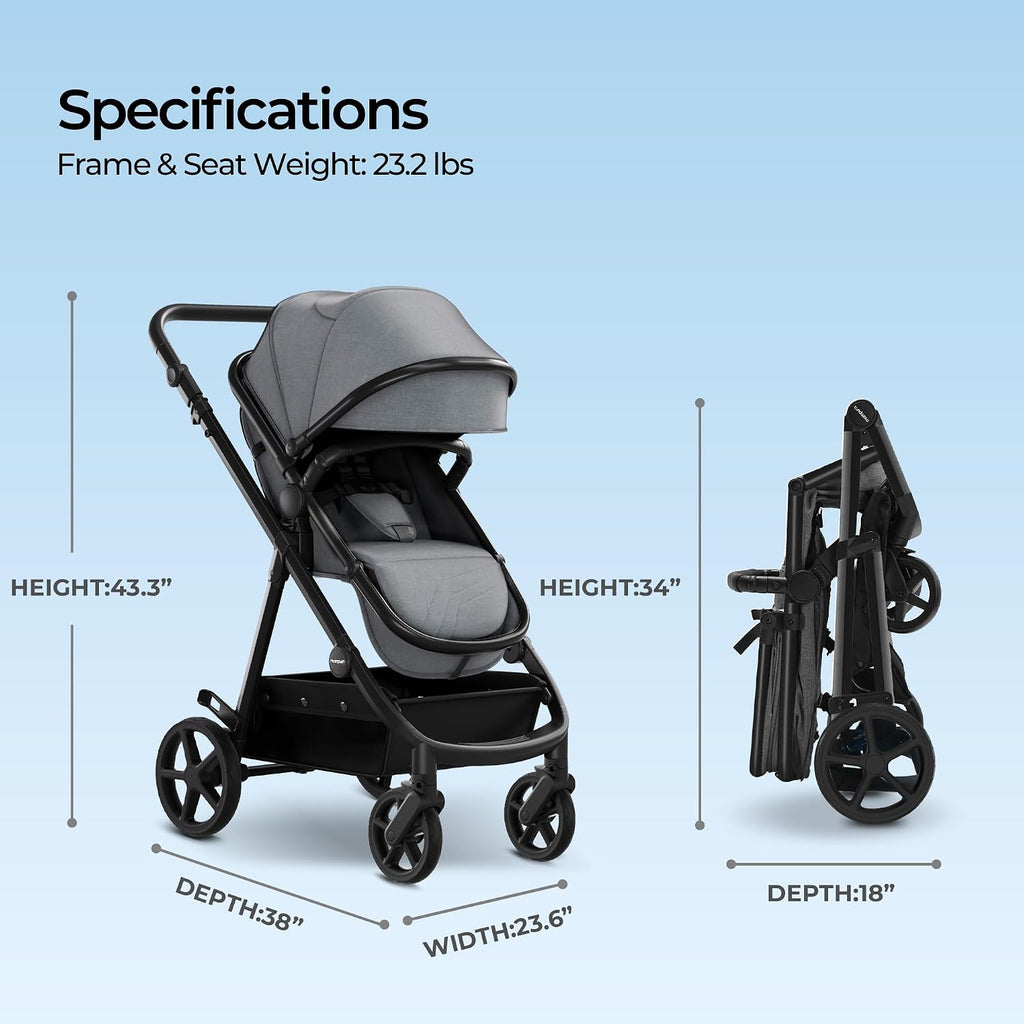 Mompush Meteor2 Baby Stroller 2-in-1 with Newborn Mode, Large Shock-Absorbing Wheels, Car Seat Adapter Included Full-Size Infant & Toddler Stroller for All-Terrain Family Outings