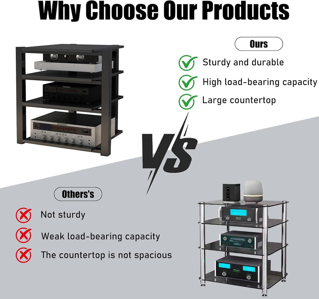 Heavy Duty Audio Rack Tower, Av Media Player Stand with Wooden Shelves, Black Cd Stereo Equipment Cabinet, Suitable for Home,Office/Audio Video/Theate (Black, 3 Tier)