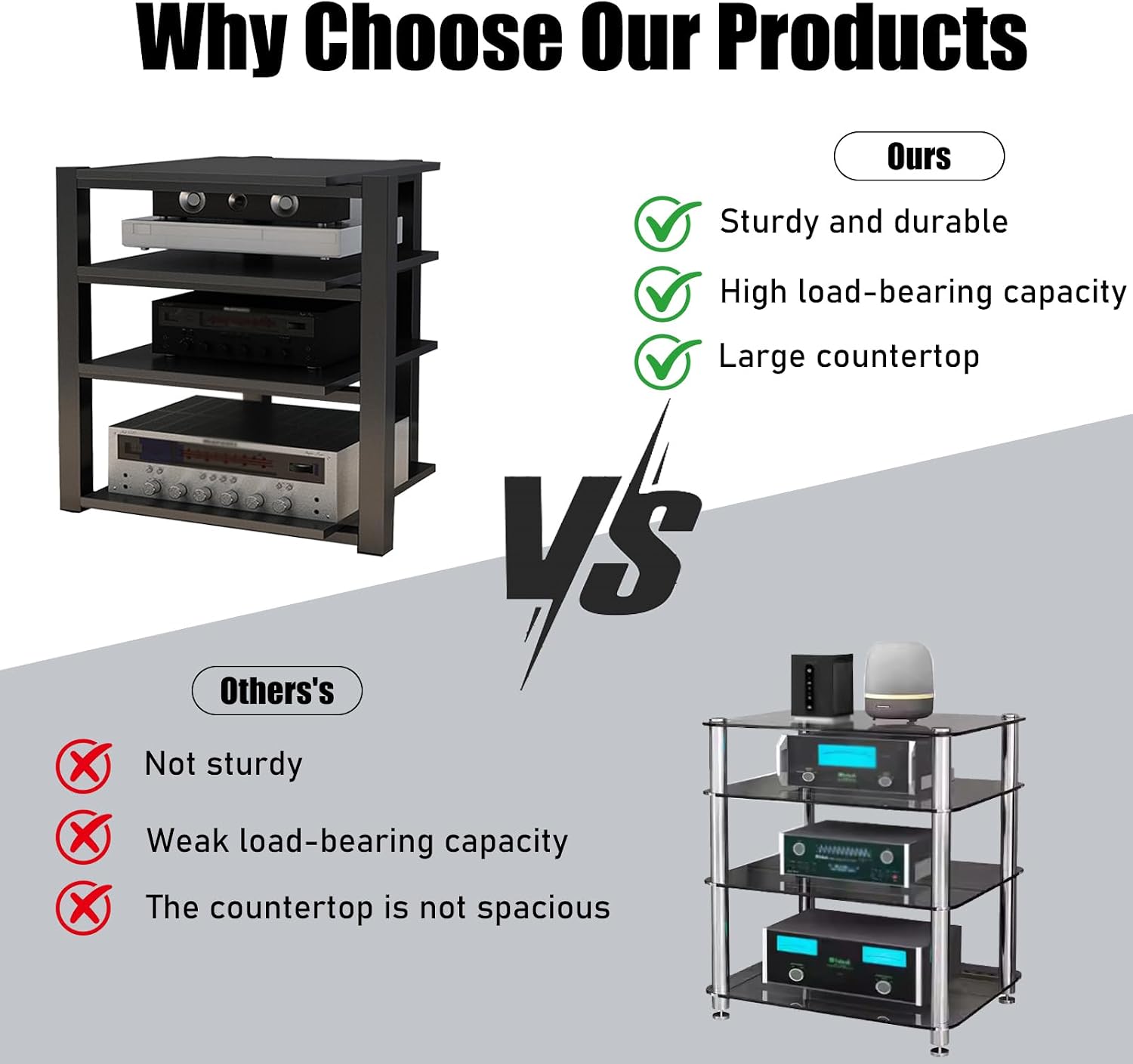 Heavy Duty Audio Rack Tower, Av Media Player Stand with Wooden Shelves, Black Cd Stereo Equipment Cabinet, Suitable for Home,Office/Audio Video/Theate (Black, 3 Tier)