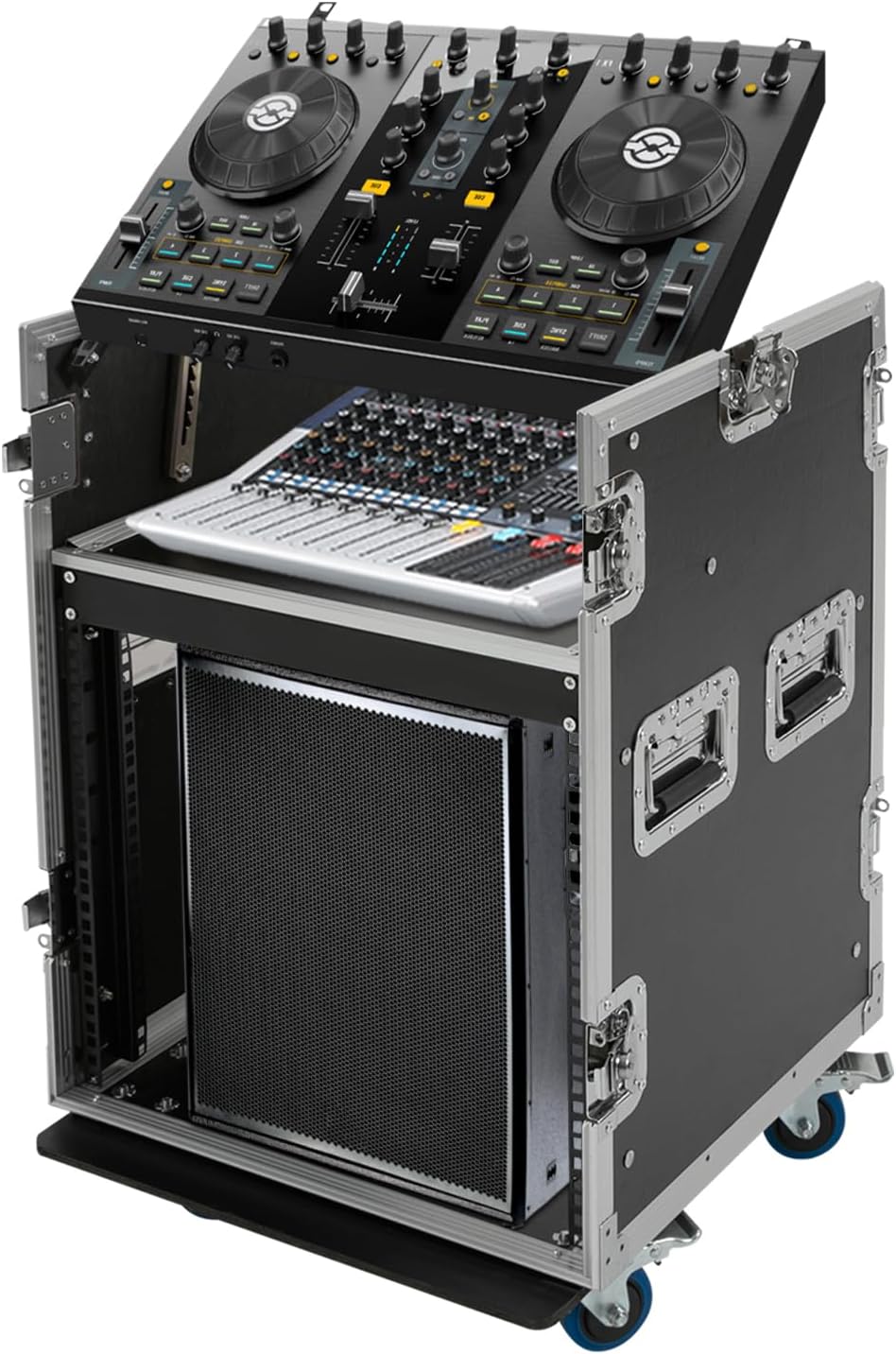 10U PA DJ Rack/Road ATA Case, Network & Stereo Rack with Slant Mixer Tops, 25'' Depth DJ Work Table Rolling Studio Equipment Cabinet, Amplifier Mixer Storage Stand for Pro Tour Grade, Live Sound