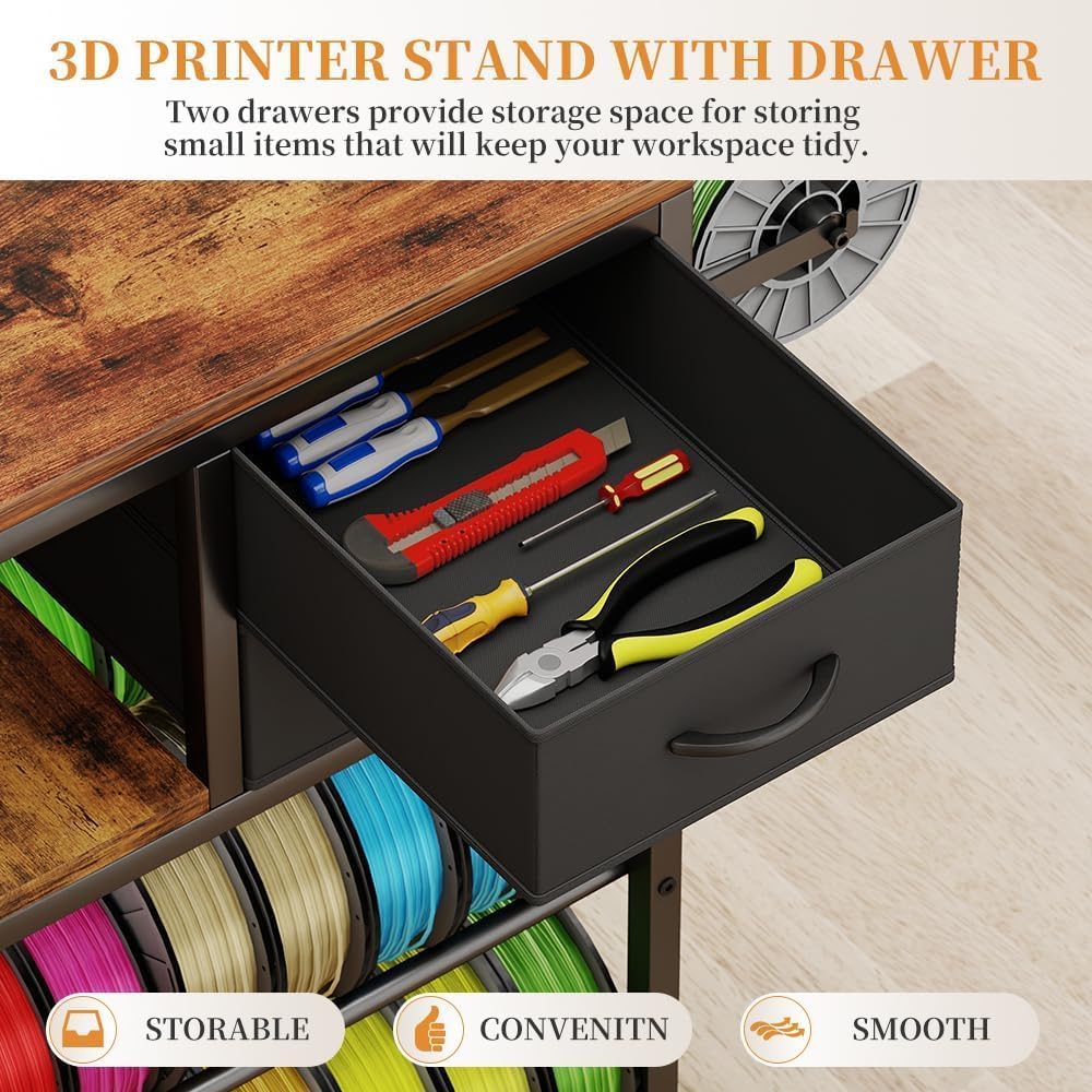 3D Printer Stand with Filaments Storage, Rolling 3D Printer Table Filament Storage Rack with Drawer and Lockable Wheels, Heavy Duty Spool Organizer Rack for Workshop Studio Office