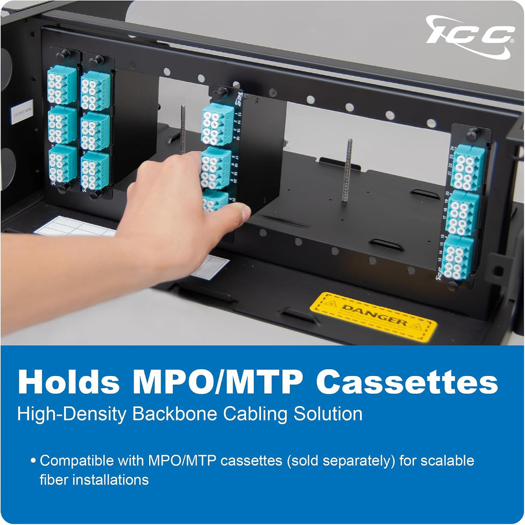 ICC 4U Fiber Optic Rack Mount Enclosure - 12 Slots for LGX Compatible Adapter Panels or Cassettes, Supports up to 288 Fibers, Fits 19-Inch Racks, Secure Fiber Management Solution, ICFORET4RM