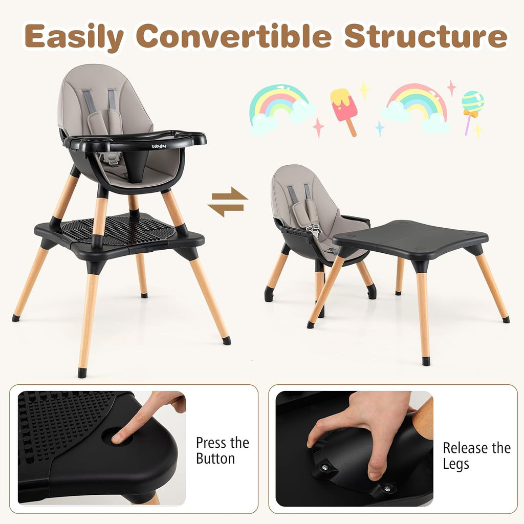 BABY JOY 6 in 1 High Chair, Convertible High Chairs for Babies and Toddlers/Booster Seat/Table and Chair Set, Infant Wooden Highchair w/ 5-Point Harness, 4-Position Removable Tray & PU Cushion (Black)