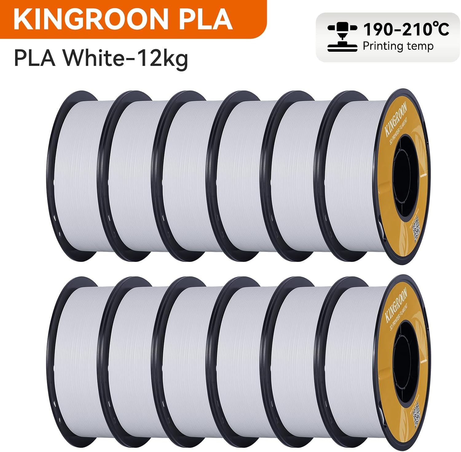 Kingroon PLA Filament,12 Rolls, Dimensional Accuracy +/- 0.02 mm, 12kg Spool(26.5lbs), 1.75 mm, White