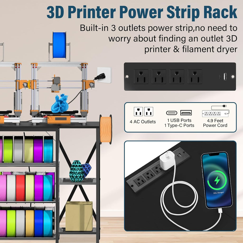 Heavy Duty 3D Printer Table with Storage, Large 4-Tier 3D Printer Stand with Power Outlet & Drawer, Sturdy Wooden Desk & Metal Filament Rack for Workshop, Home Office Black