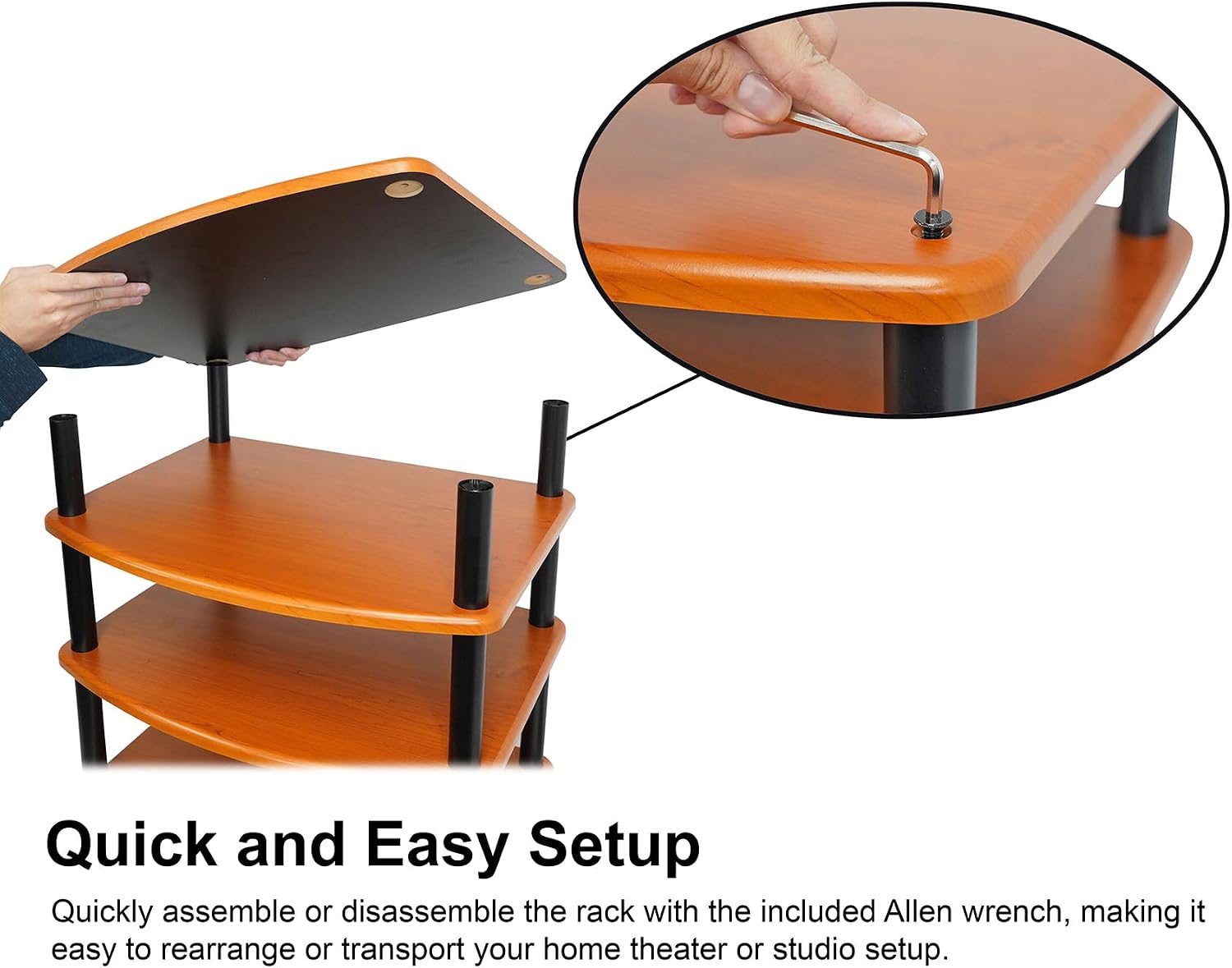 Rockville FLX Classic Wood Adjustable Height 4 Shelf A/V Rack Stand, Expandable Design, for Home Theater