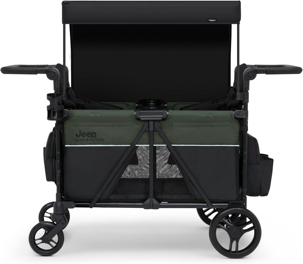 Jeep Aries Stroller Wagon by Delta Children Premium Wagon for 2 Kids with Convertible Seats, Adjustable Push/Pull Handles, Removable Canopy & Flat Fold - Greenguard Gold Certified, Black/Green