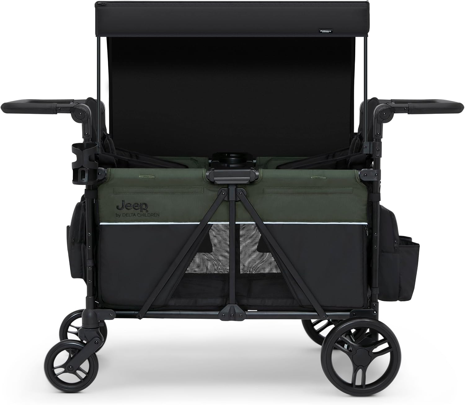 Jeep Aries Stroller Wagon by Delta Children Premium Wagon for 2 Kids with Convertible Seats, Adjustable Push/Pull Handles, Removable Canopy & Flat Fold - Greenguard Gold Certified, Black/Green