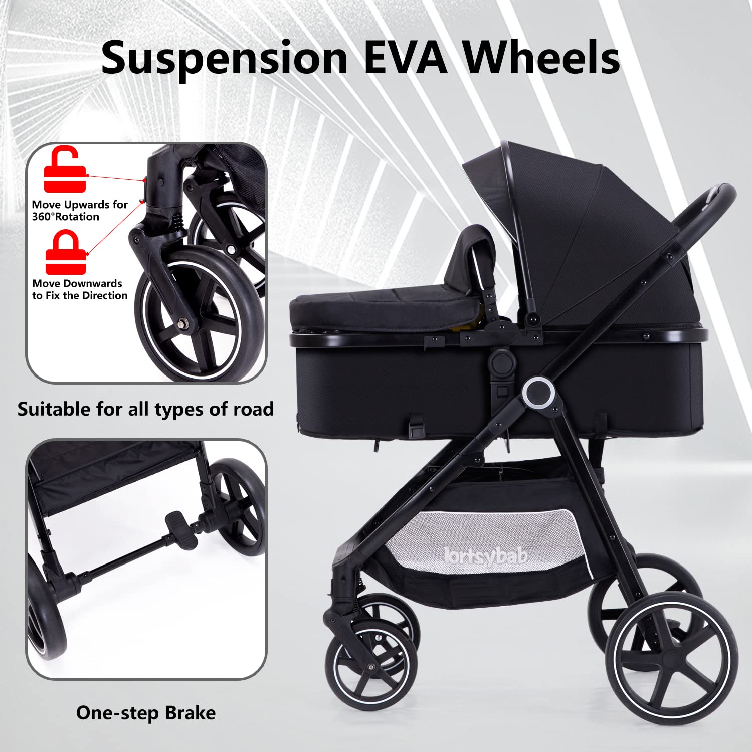Lortsybab 2-in-1 Baby Stroller - Folding Infant Newborn Pram Stroller with Reversible Seat - Toddler Strollers for 0-36 Months Old Babies