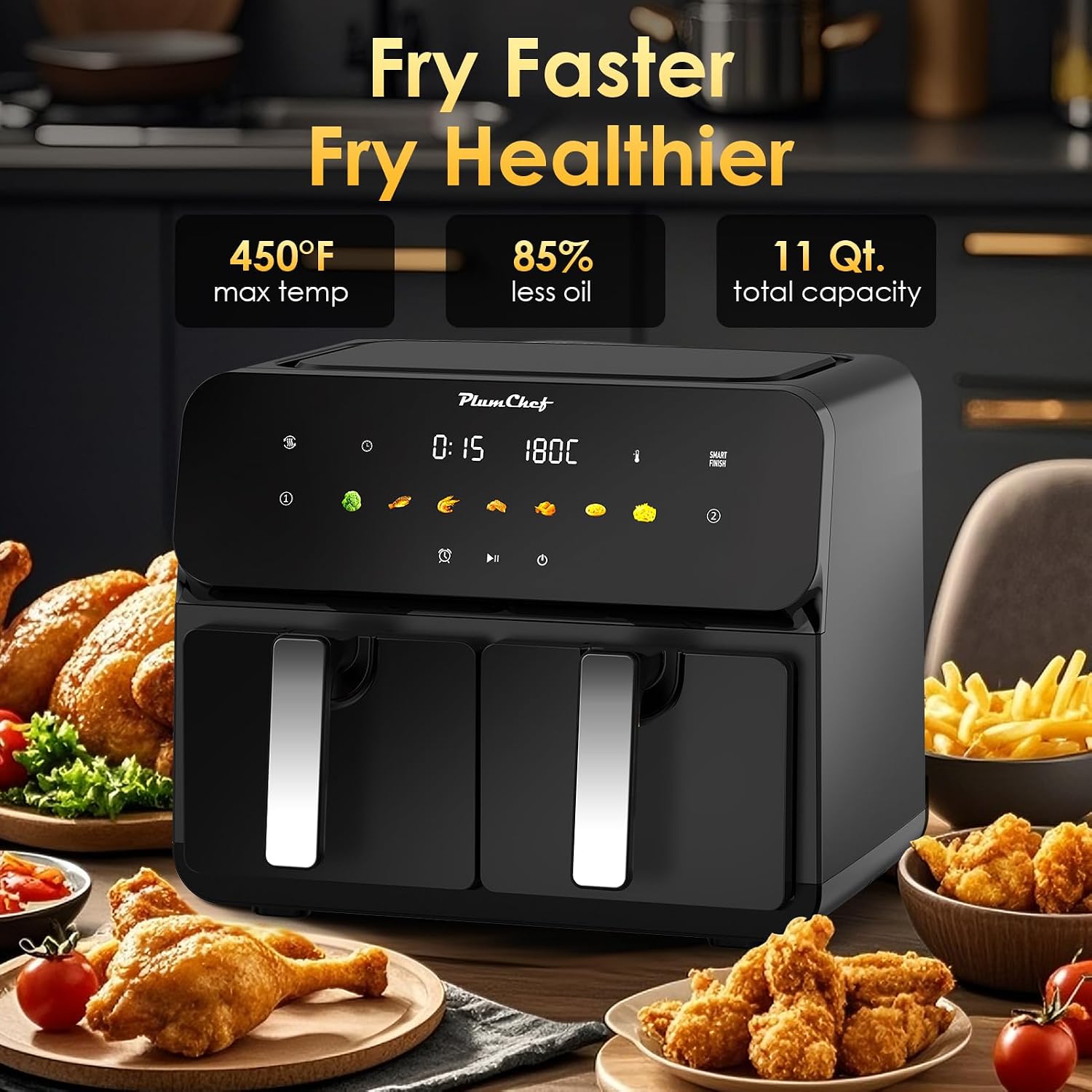 10QT Large Dual Zone Air Fryer, Double Basket Air Fryer with 2×5QT Baskets, Digital Full Touchscreen Easy-Panel, SyncCook Function, Cook 2 Dishes at Once for 4-6 Family,1700W, Black