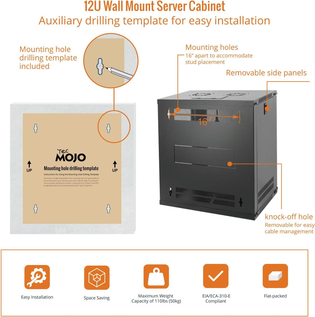 Tecmojo 12U Wall Mount Server Cabinet IT Network Rack Enclosure Lockable Door and Side Panels Black,Cooling Fan,Glass Door,17.7inch Depth,for 19' IT Equipment,A/V Devices