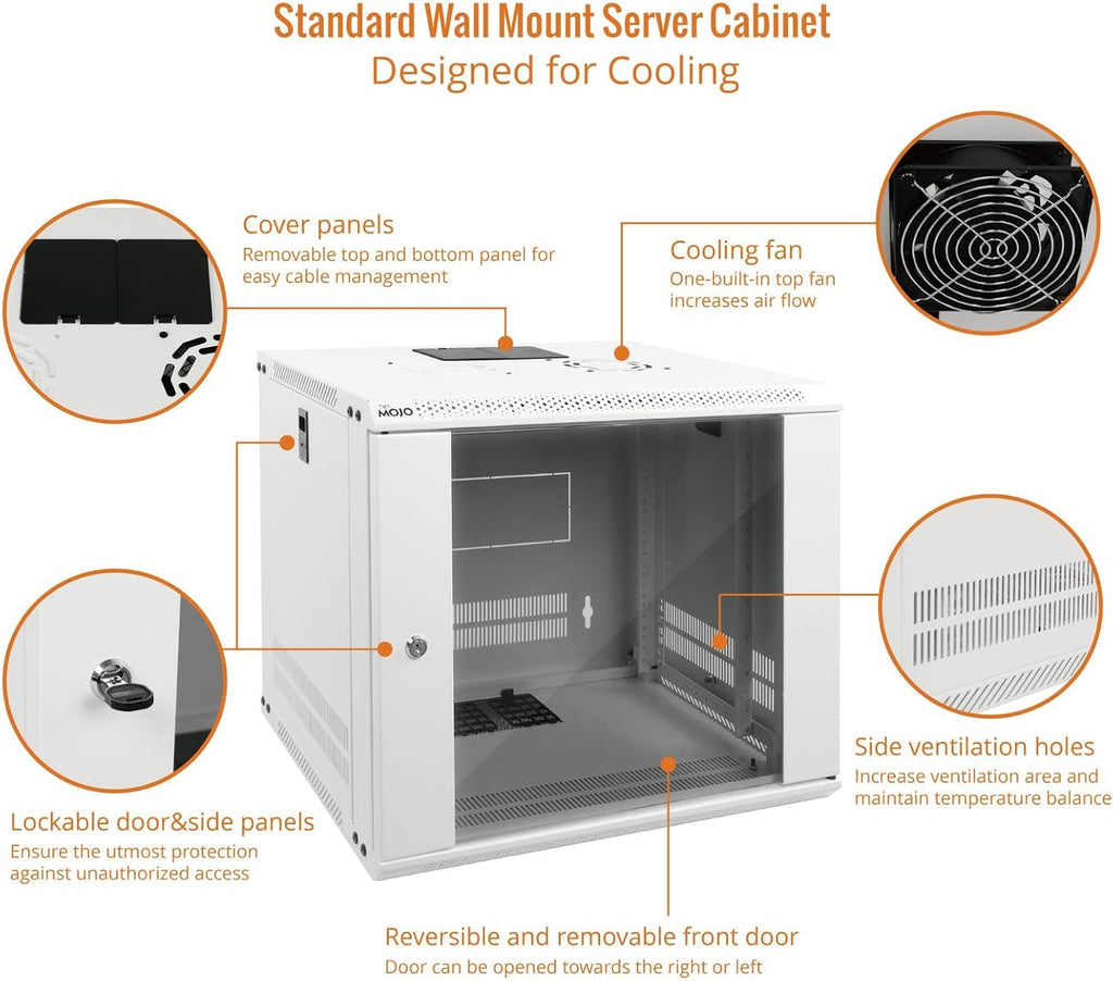 Tecmojo 9U Wall Mount Rack Network Cabinet for 19' IT Equipment,with Lockable Glass Door and Side Panels,Cooling Fan,17.7inch Depth,White,Computer/Electronics Equipment Data Rack