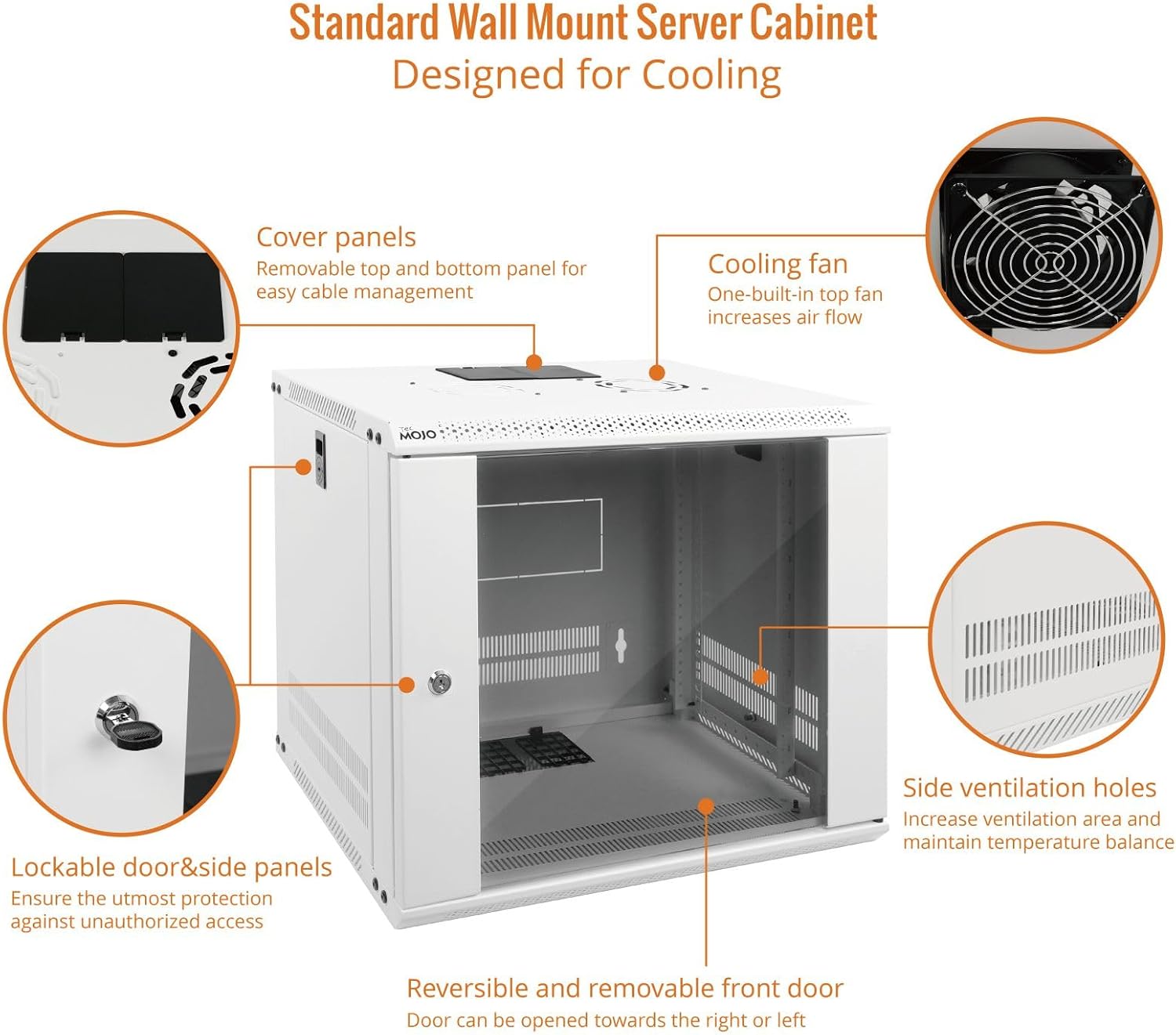 Tecmojo 9U Wall Mount Rack Network Cabinet for 19' IT Equipment,with Lockable Glass Door and Side Panels,Cooling Fan,17.7inch Depth,White,Computer/Electronics Equipment Data Rack