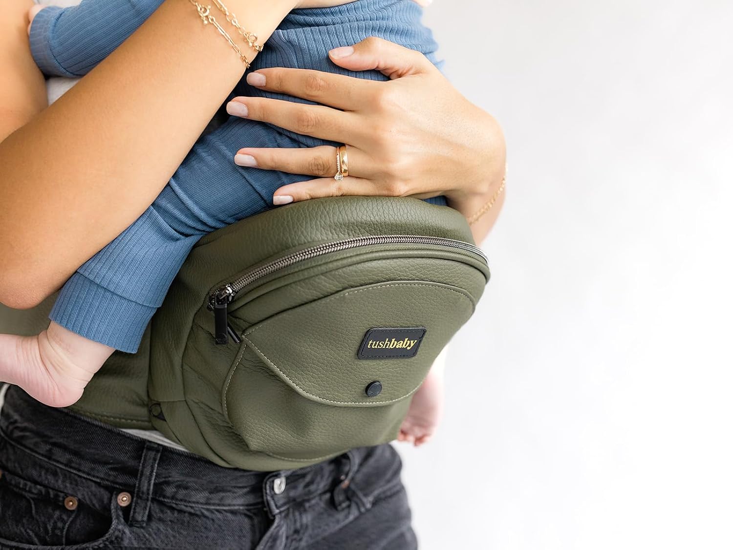 Tushbaby Original Hip Seat Baby Carrier for Babies & Toddlers up to 45 lbs, Safety Certified, Lightweight No-Foam Design with Storage, Olive