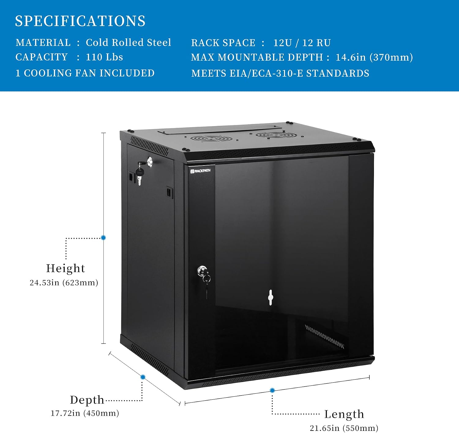 RackPath 12U Wall Mount Network Rack Cabinet – Quiet Cooling Fan, Locking Glass Door, 17.7' Deep (450mm), Removable Locking Side Panels, Fits 19' IT & A/V Equipment