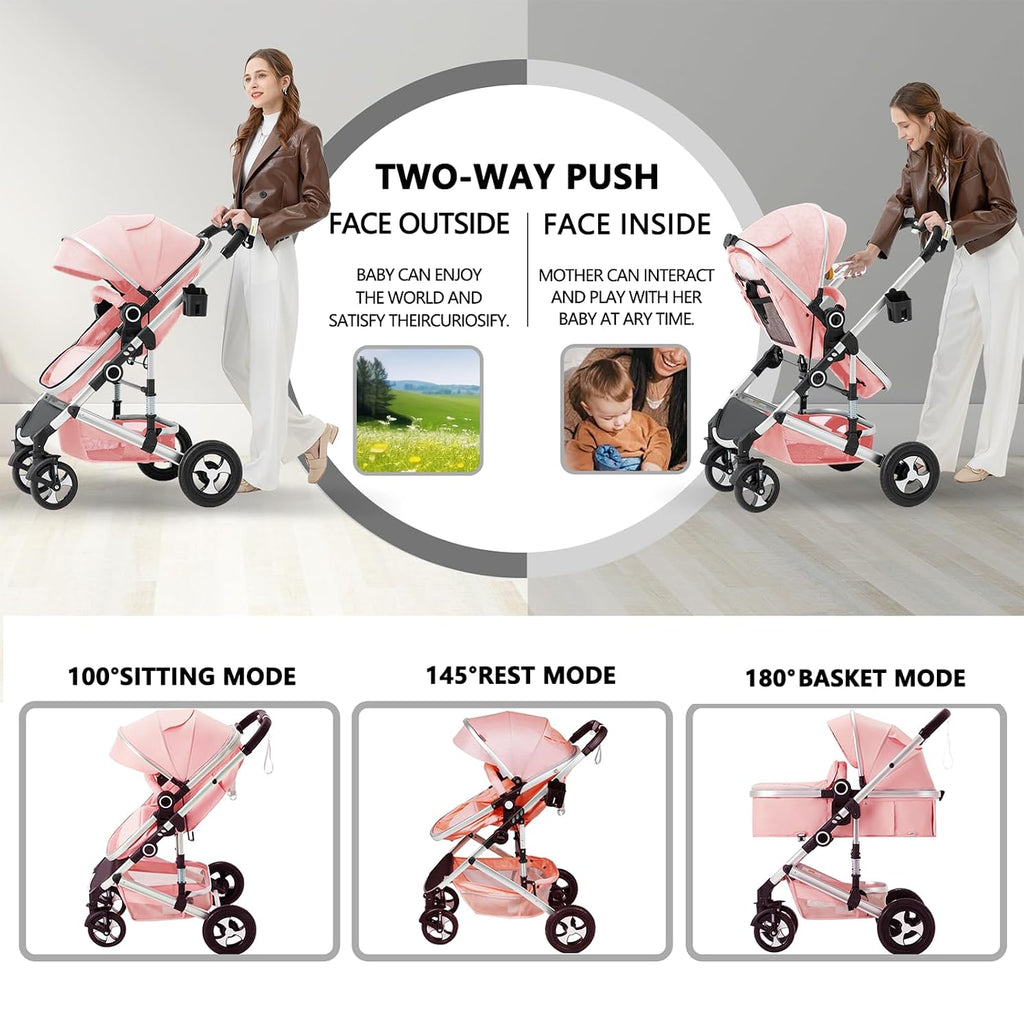 Kinder King 2 in 1 Convertible Baby Stroller, Folding High Landscape Infant Carriage, Newborn Reversible Pram, Adjustable Canopy, Diaper Bag, Pink
