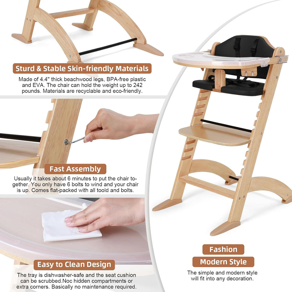 Cowiewie New Upgrade 3-in-1 Convertible Wooden High Chair for Babies & Toddlers 10 Levels Adjustable 3-Tier Remove 2 Waterproof Cozy Cushions Black