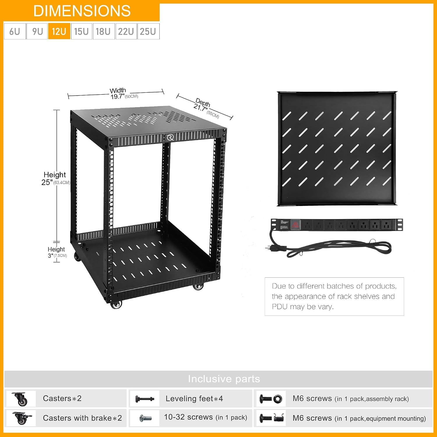 RIVECO 12U Network Rack with Reinforced Top Cover - 4 Post Floor Rack on Wheels for 19' Equipment & Stereo Gear- Including Rack Mount Power Strip & 1PCS 1U Rack Shelf
