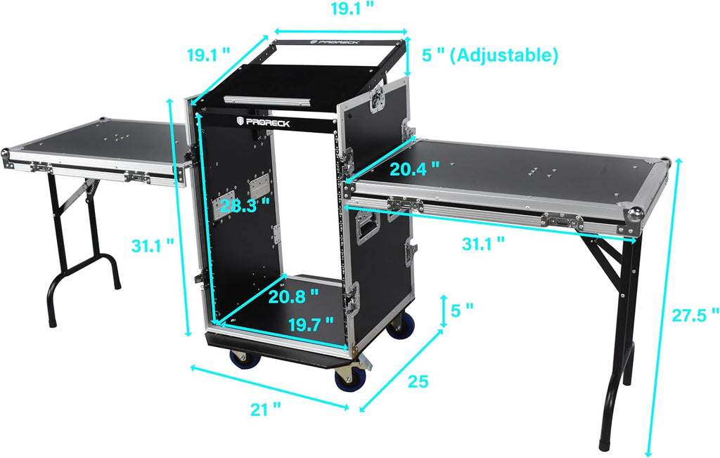 PRORECK 16U Rack/Road Case With Slant Mixer Top, Two Side Table And Casters, 20'' Rackable Depth, Plywood, 16U Installation Size, Pro Stage Performance.