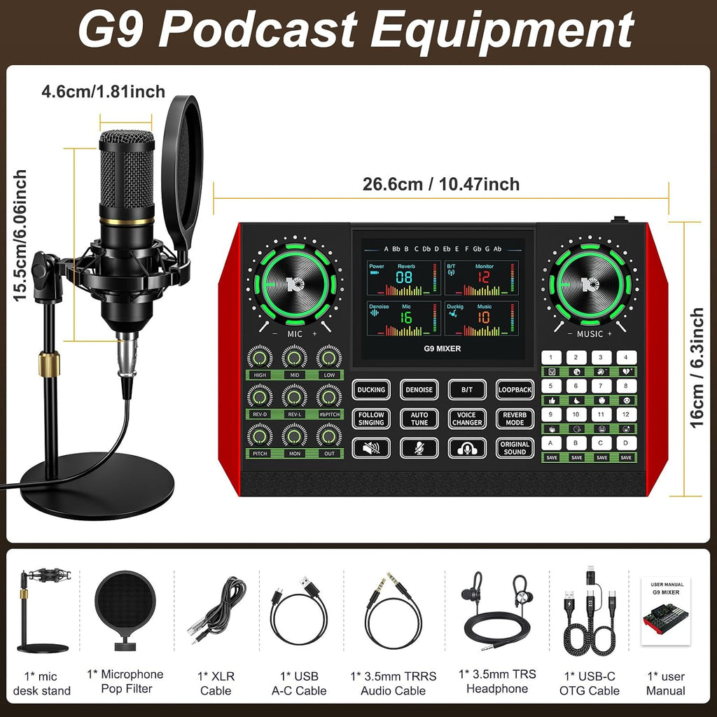 G9 Podcast Microphone Bundle with Live Sound Card Audio Mixer, Podcast Equipment Bundle Sound Board with 3.5mm Condenser Microphone for Pc/Phone Live Streaming Singing Gaming,Voice Changer, Denoise