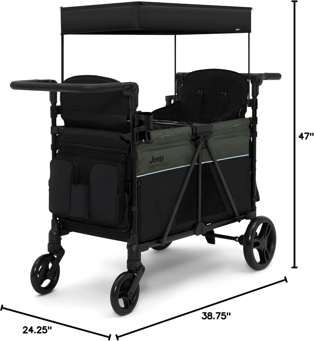 Jeep Aries Stroller Wagon by Delta Children Premium Wagon for 2 Kids with Convertible Seats, Adjustable Push/Pull Handles, Removable Canopy & Flat Fold - Greenguard Gold Certified, Black/Green