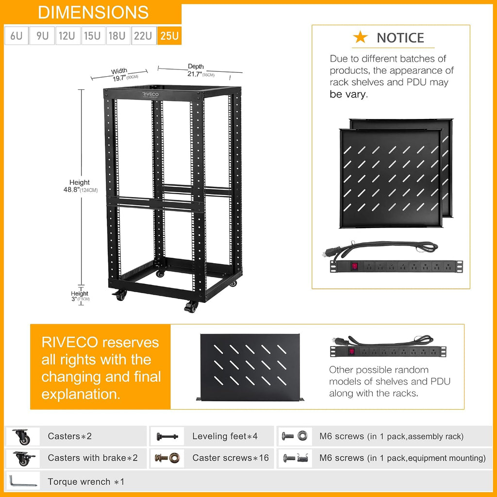 RIVECO 25U Open Frame Server Rack with Wheels + PDU (8 Outlets) Power Strip Surge Protector (2pcs Rack Shelves +1 PDU, 25U)