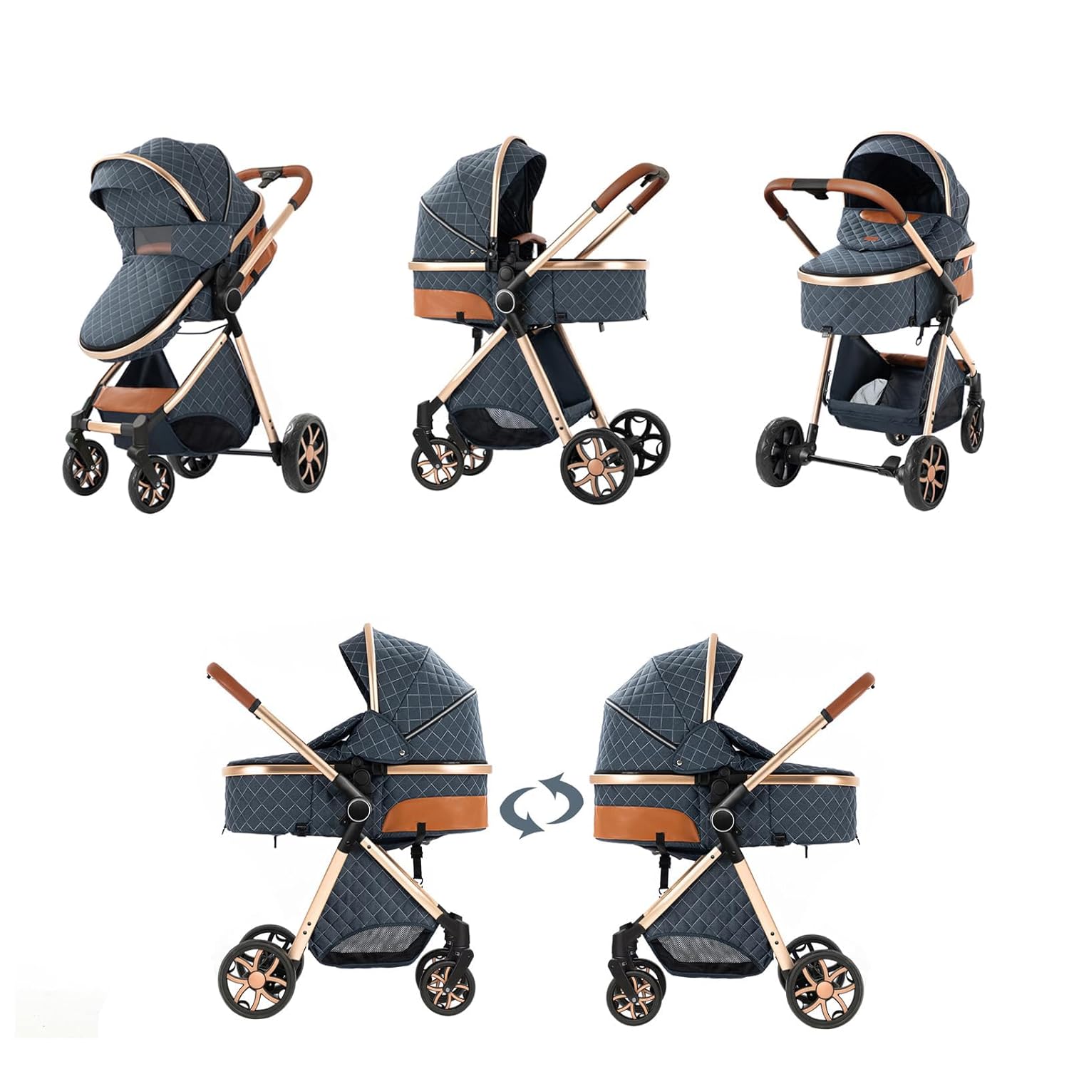 2 in 1 Baby Stroller, Convertible Pram, Reversible Standard Stroller, Portable Baby Buggy, Infant Carriage, Foldable High Landscape Pushchair for Toddler Newborn (225 Khaki)