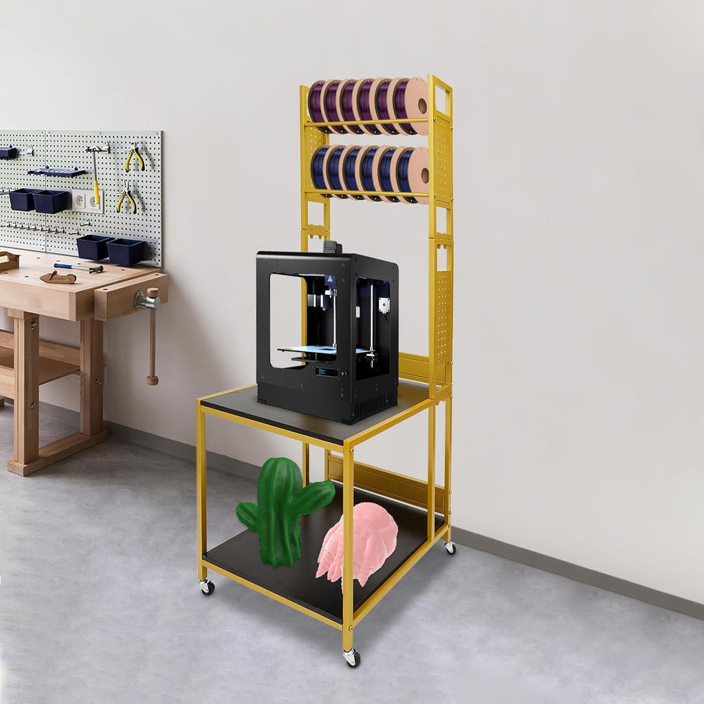 3D Printer Stand with Double Layer Printer Filament Storage Rack, Heavy Duty Mobile Table with 4 Wheels for Workshop Studio Office (Gold)