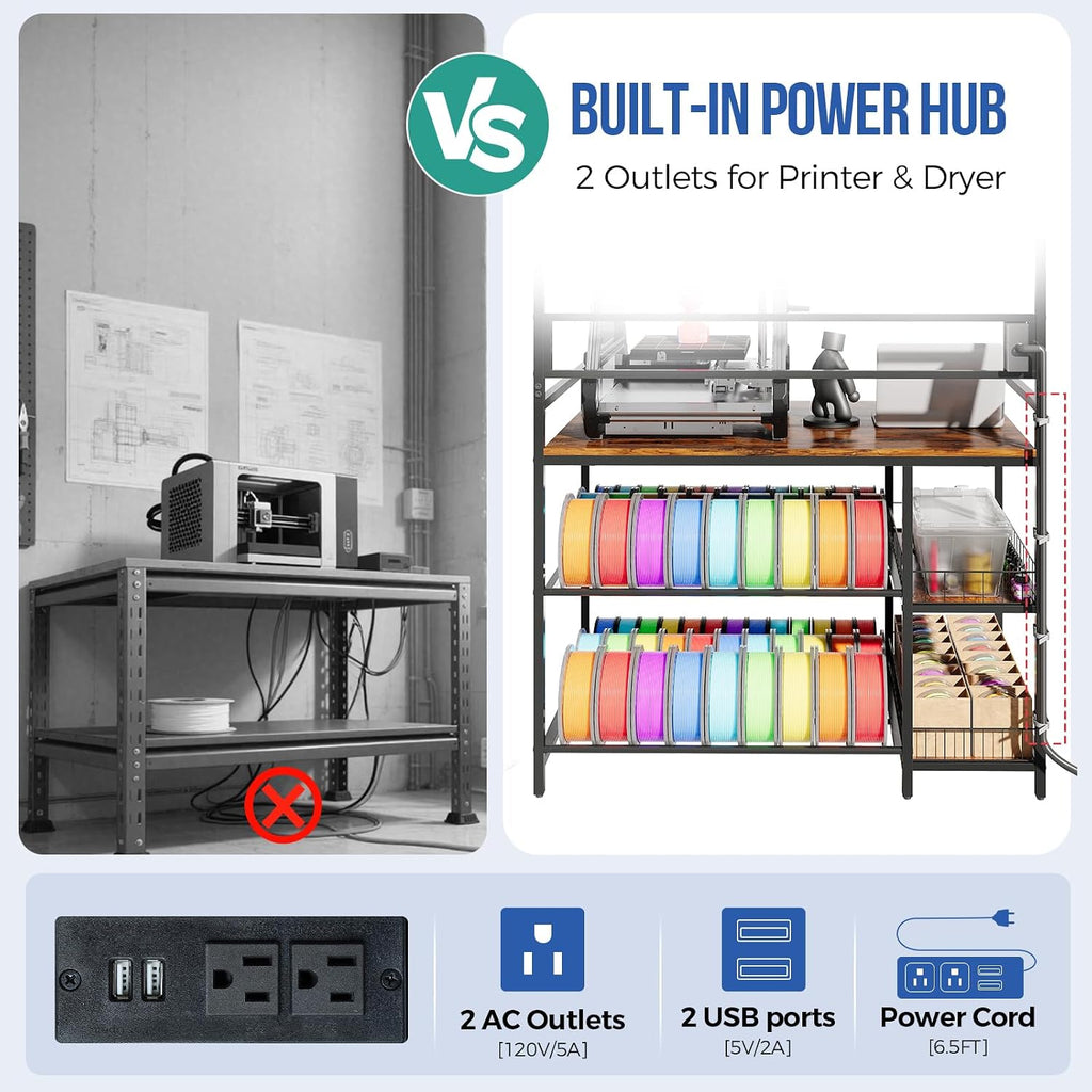 HavenlyYouth 3D Printer Stand with Filament Storage, 41' x 23.6' x 57.4' Large 3D Printer Table with 1 Charging Station, Heavy Duty Printer Shelf with Spools Holder Racks and Storage Baskets