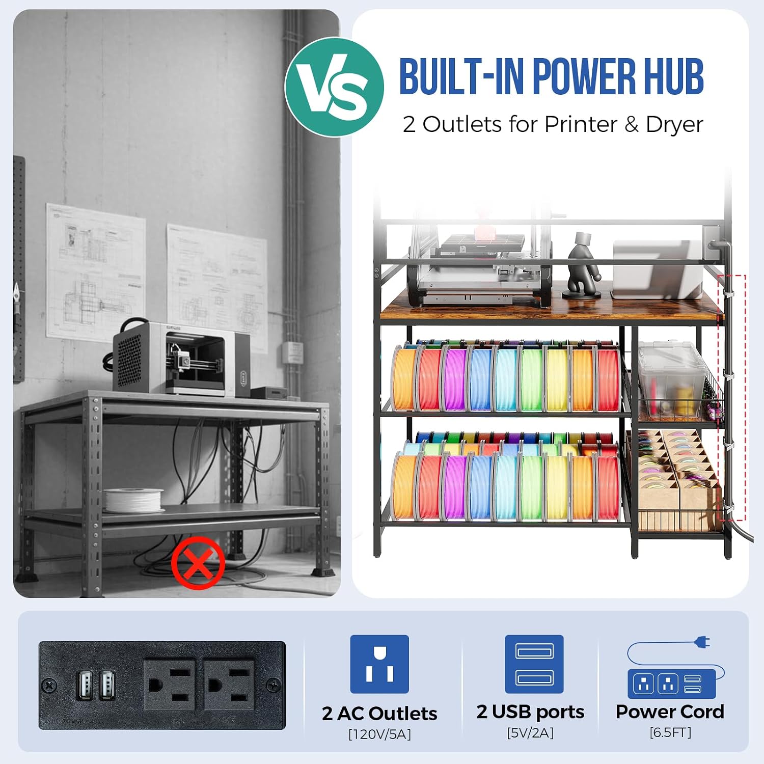HavenlyYouth 3D Printer Stand with Filament Storage, 41' x 23.6' x 57.4' Large 3D Printer Table with 1 Charging Station, Heavy Duty Printer Shelf with Spools Holder Racks and Storage Baskets