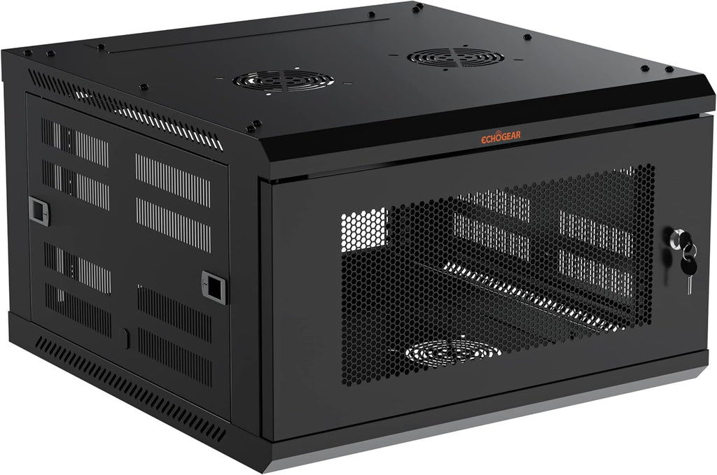 ECHOGEAR 6U Network Rack - Enclosed Wall Mount Rack Kit Includes 2x 1U Shelves, Pre-Mounted Fan, Lockable Door & Hardware - 600mm Depth Fits All Your AV Gear