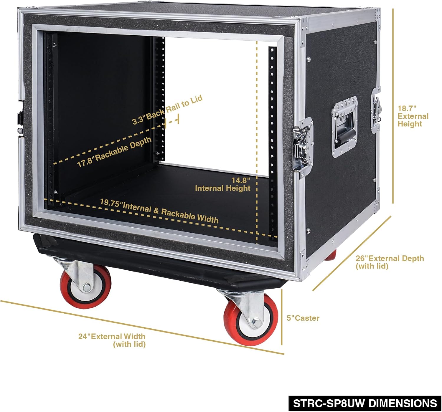 Sound Town Shock Mount 8U ATA Rack Case with 17' Rackable Depth and Casters, 8-Space Size - Pro Tour Grade (STRC-SP8UW)