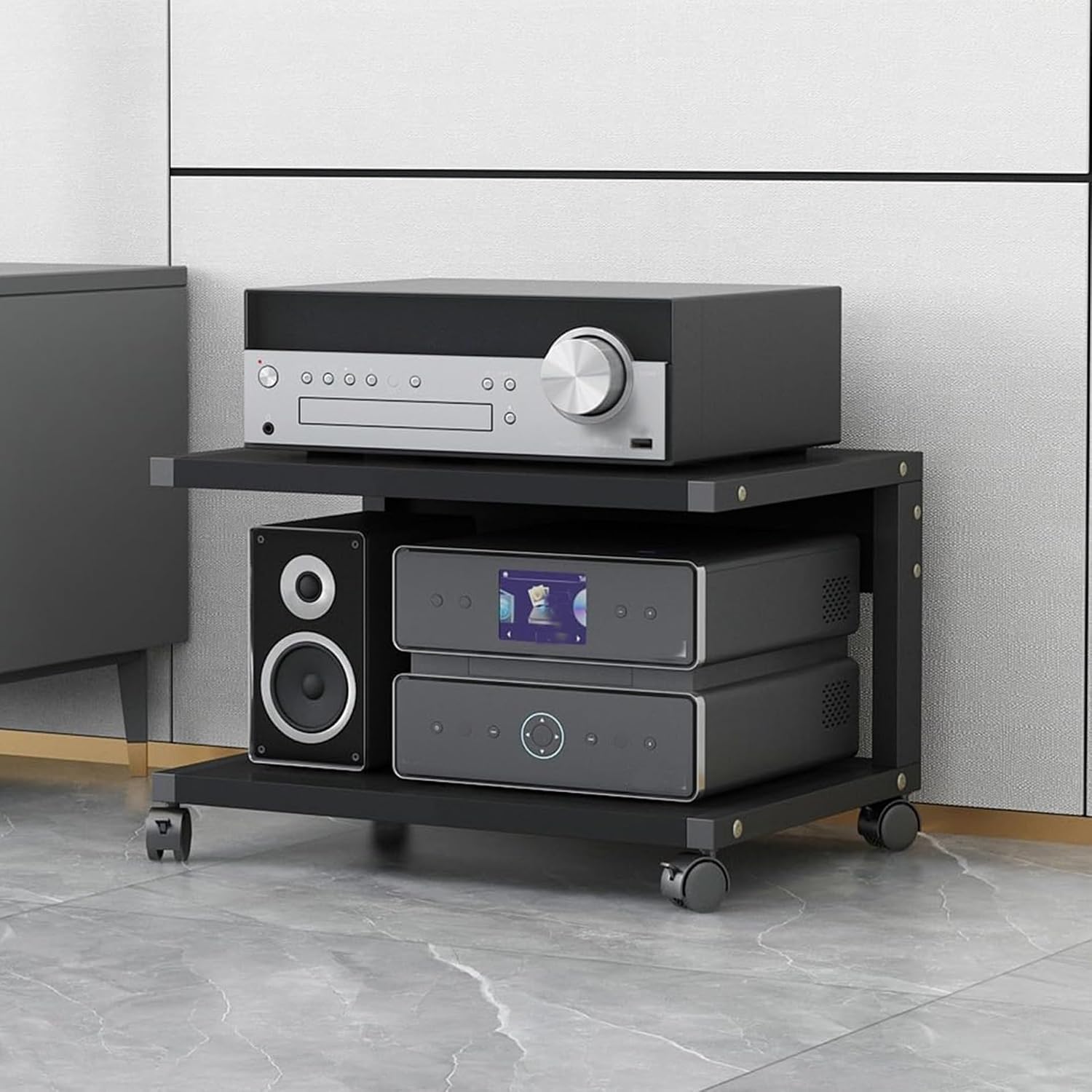 AV Media Stand with Wheels, 2-Tier Audio-Video shelving, Modern Console Wooden Storage Shelves, Stereo Racks and Stands, Audio Tower Corner Entertainment Center, for Living, Gaming Room(Black,50x40x35